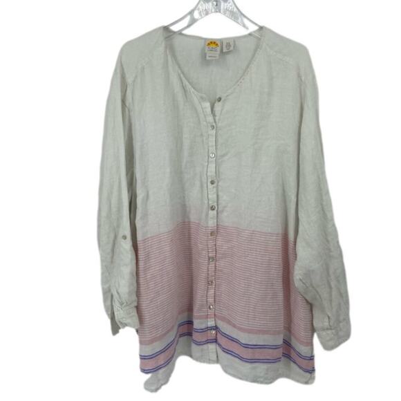 C&C California Tops - C&C California Tunic Blouse Size 3X White Pink Stripe Linen Roll Tab Sleeve